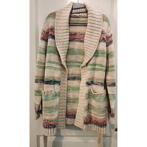 1970s Belted Cardigan Sweater Pockets Stripes Medium